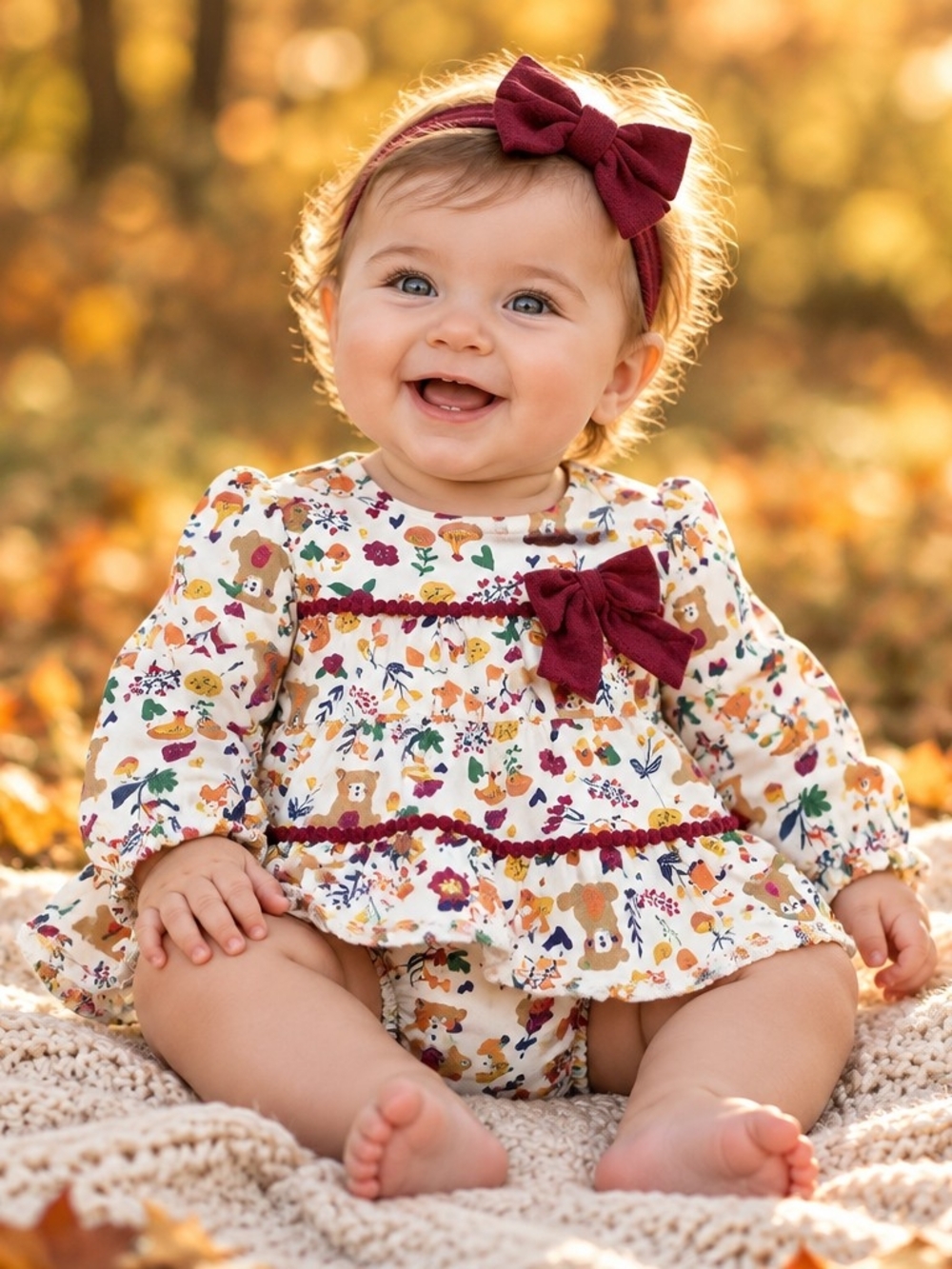 Baby Essentials Cream Floral Bear Print Dress with Burgundy Bows